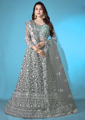 3 Pc Beige Net Semi Stitched Lehenga Set