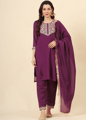 3 Pc Wine Readymade Silk Suit Set