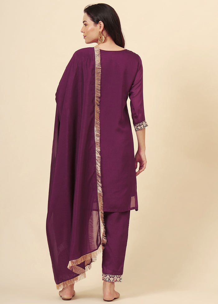 3 Pc Wine Readymade Silk Suit Set