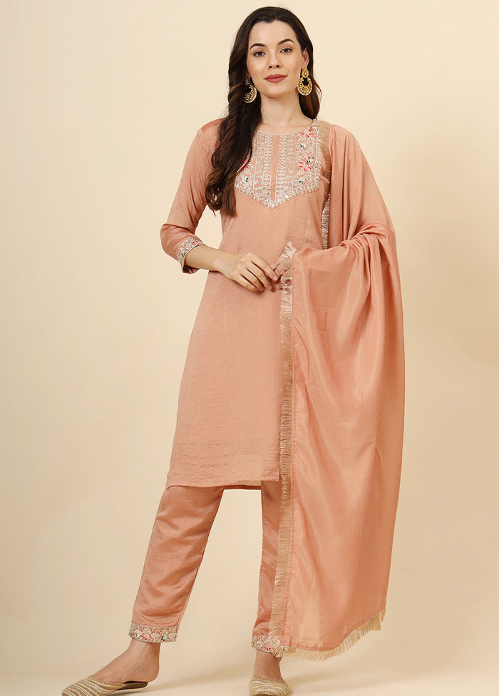 3 Pc Peach Readymade Silk Suit Set