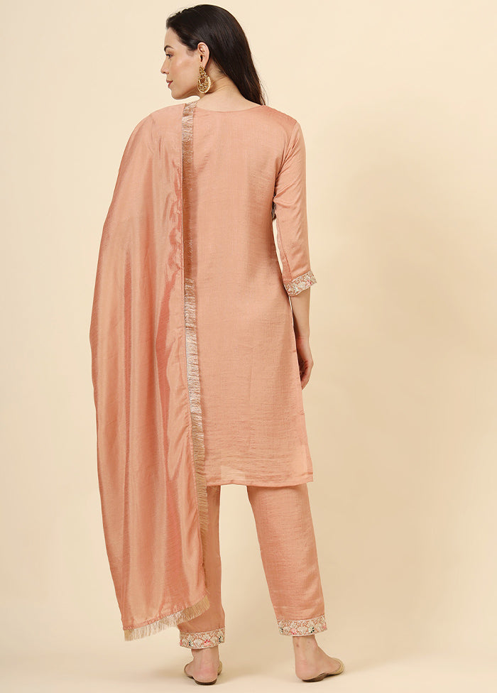 3 Pc Peach Readymade Silk Suit Set