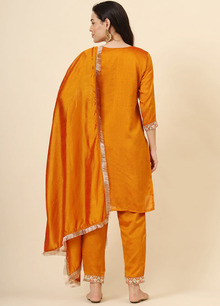 3 Pc Mustard Readymade Silk Suit Set