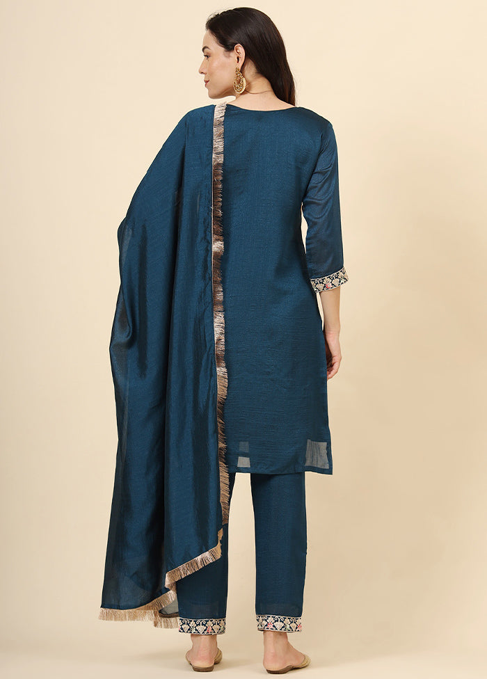 3 Pc Teal Blue Readymade Silk Suit Set