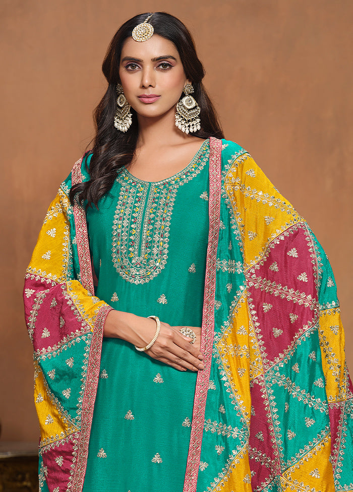 3 Pc Sea Green Semi Stitched Silk Suit Set