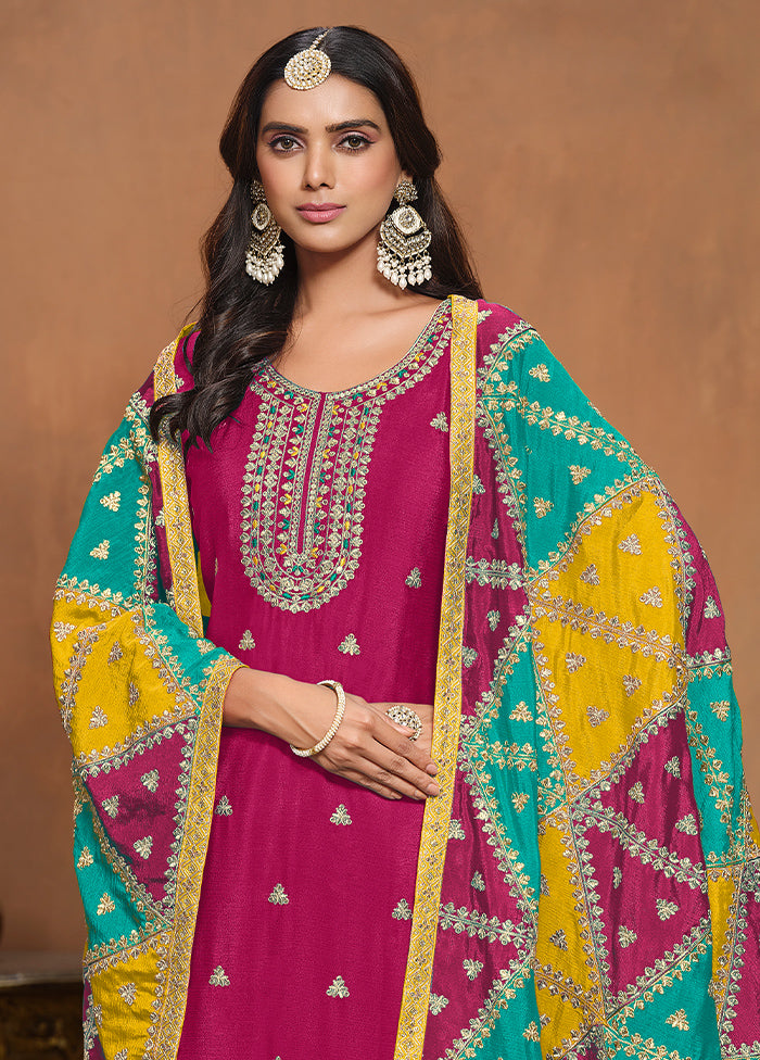 3 Pc Pink Semi Stitched Silk Suit Set