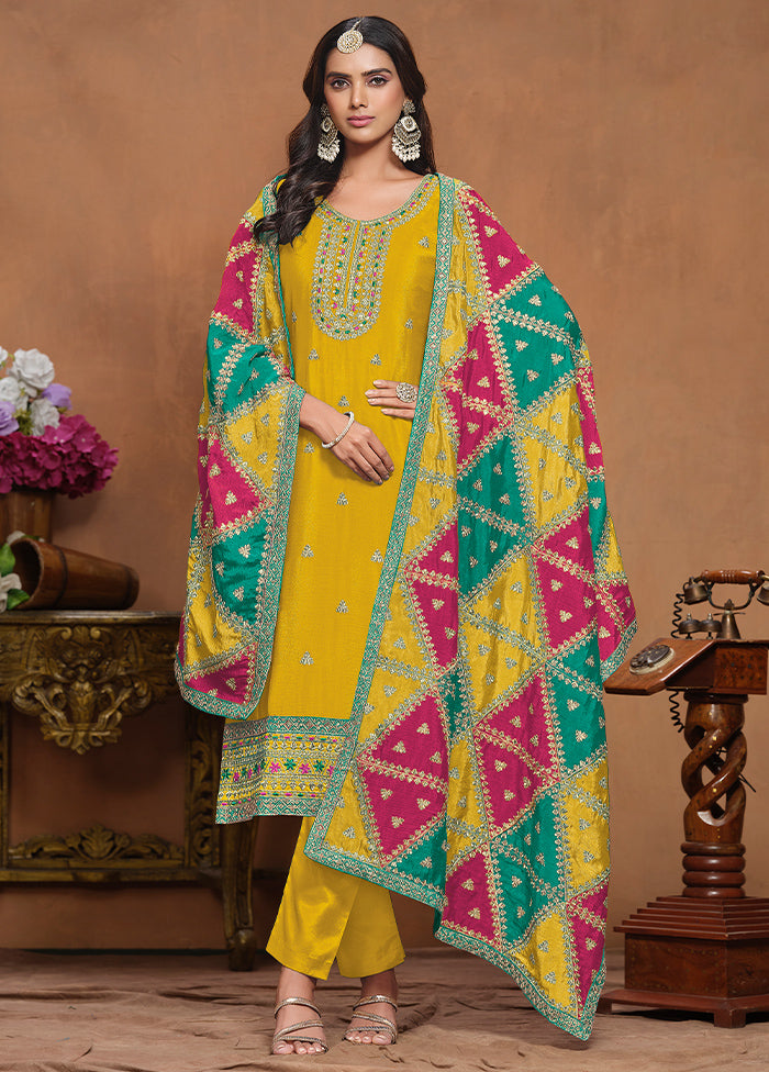 3 Pc Yellow Semi Stitched Silk Suit Set