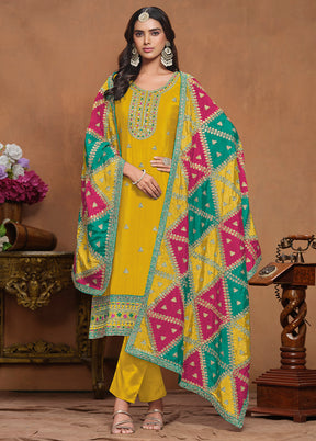 3 Pc Yellow Semi Stitched Silk Suit Set