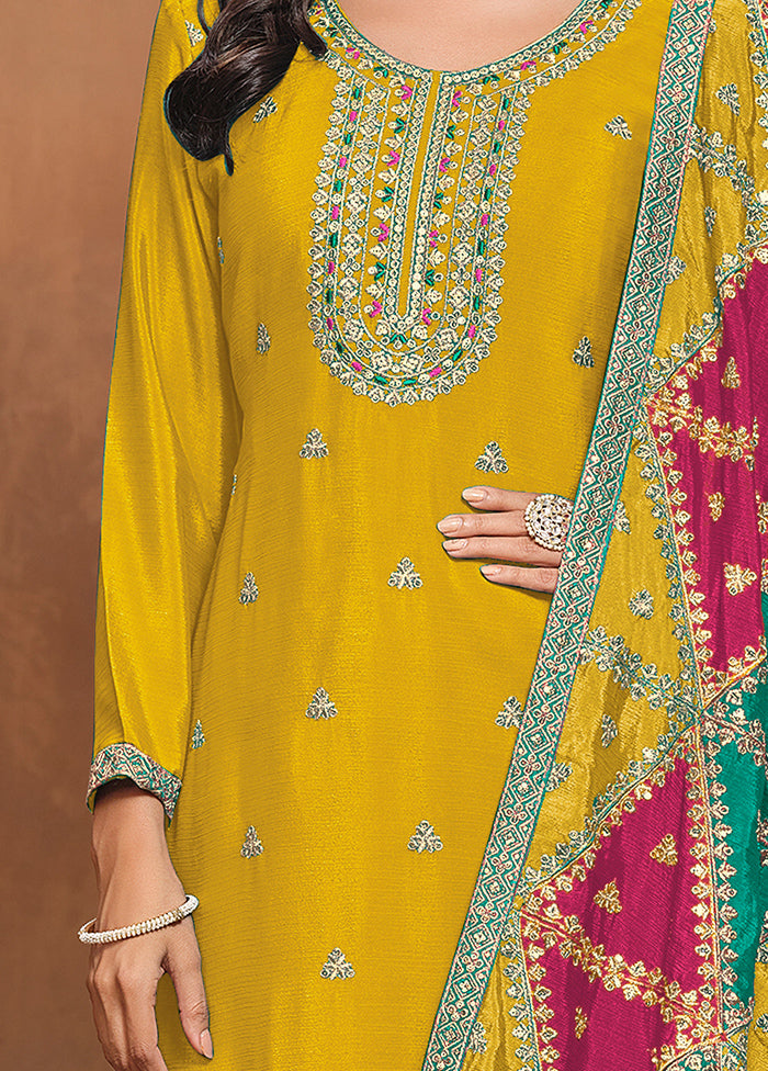 3 Pc Yellow Semi Stitched Silk Suit Set