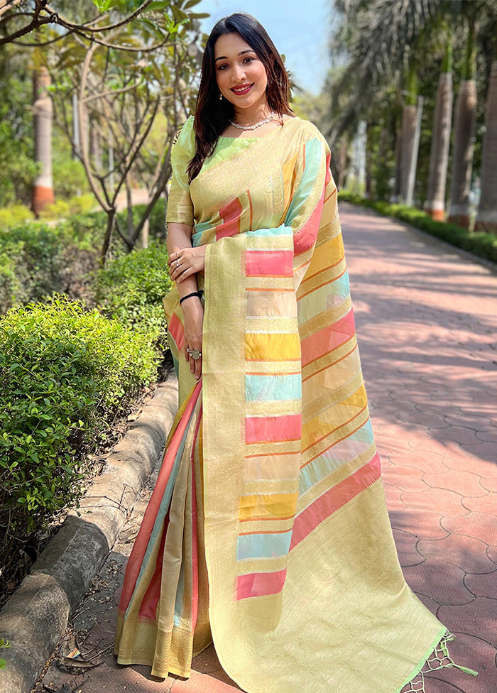 Pista Multicolor Organza Saree With Blouse Piece