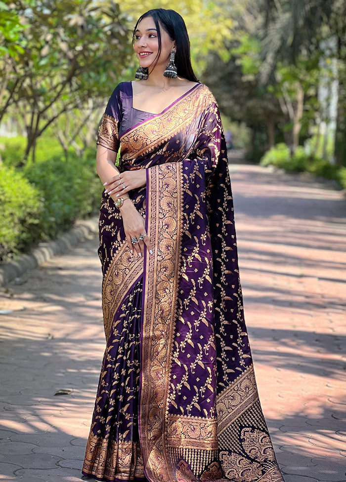 Purple Banarasi Silk Saree With Blouse Piece