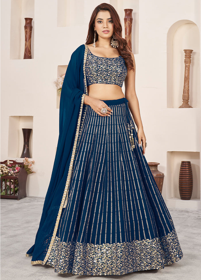 3 Pc Blue Georgette Semi Stitched Lehenga Set