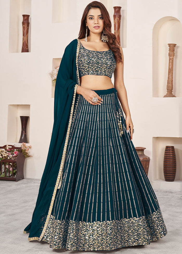 3 Pc Green Georgette Semi Stitched Lehenga Set