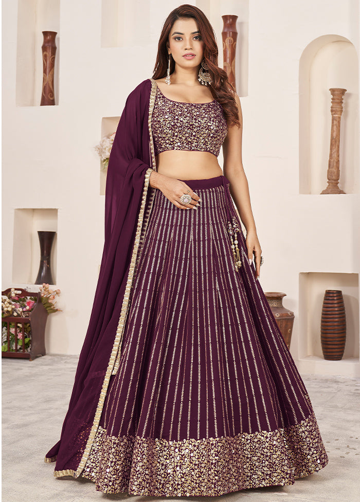 3 Pc Maroon Georgette Semi Stitched Lehenga Set