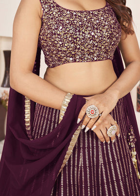 3 Pc Maroon Georgette Semi Stitched Lehenga Set