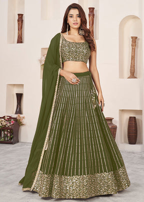 3 Pc Olive Green Georgette Semi Stitched Lehenga Set