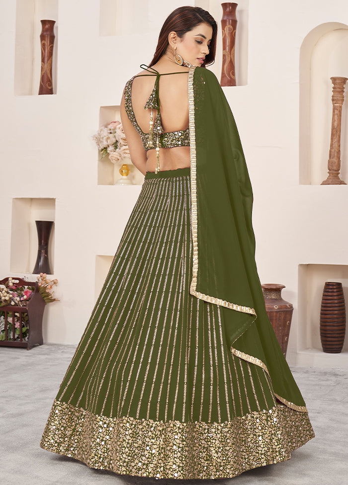 3 Pc Olive Green Georgette Semi Stitched Lehenga Set