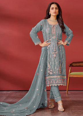 3 Pc Grey Semi Stitched Georgette Suit Set