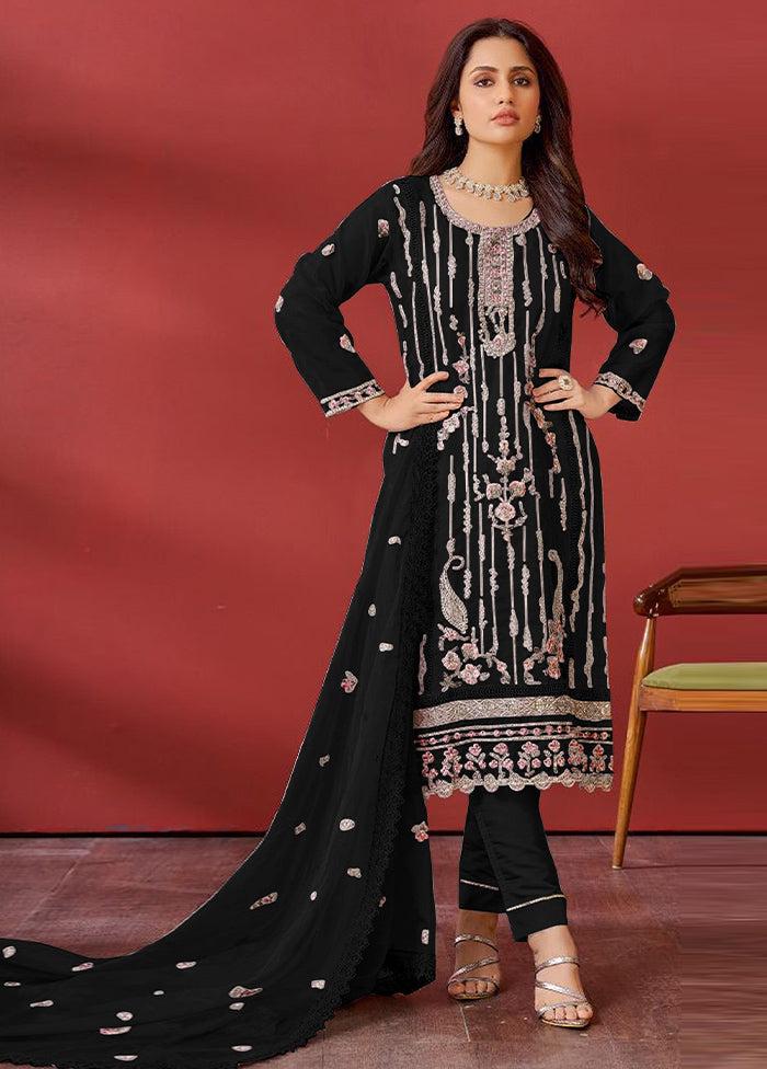 3 Pc Black Semi Stitched Georgette Suit Set