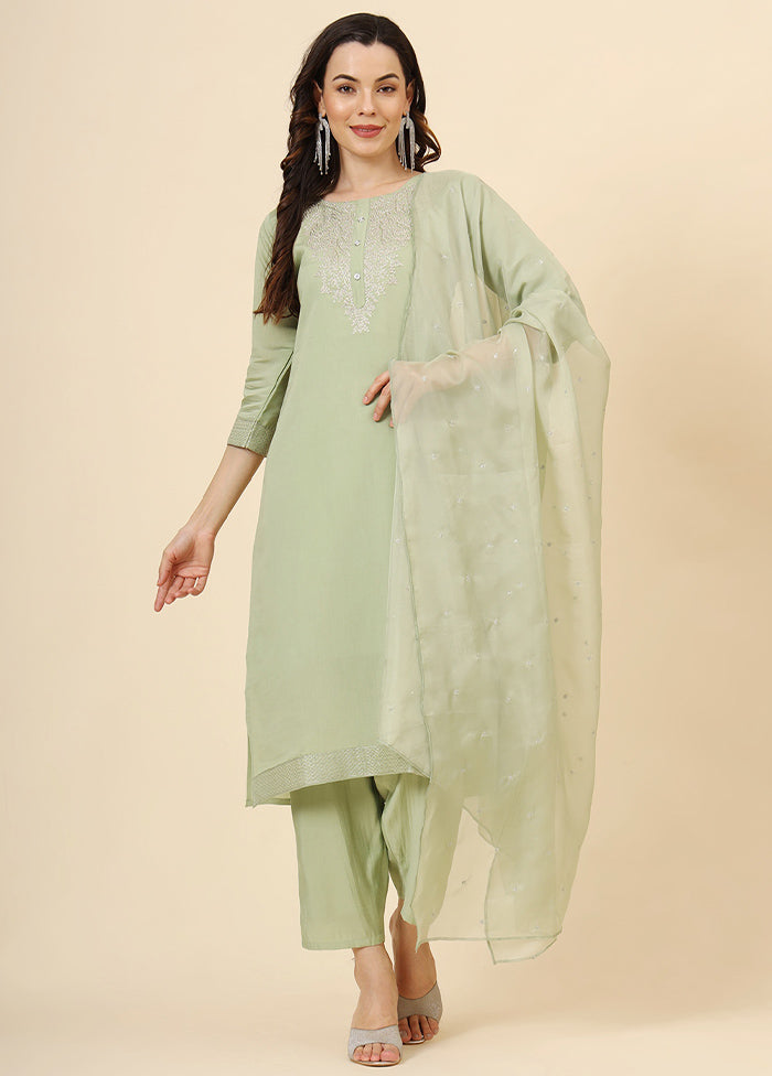 3 Pc Pista Green Readymade Silk Suit Set