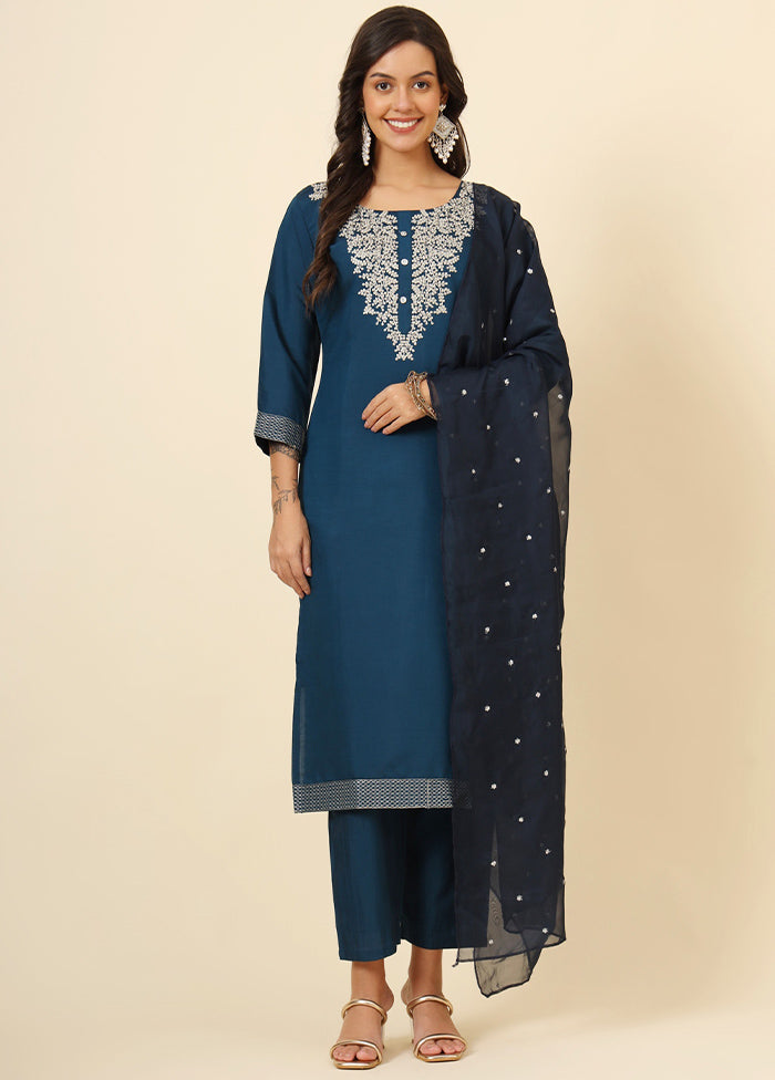 3 Pc Teal Readymade Silk Suit Set