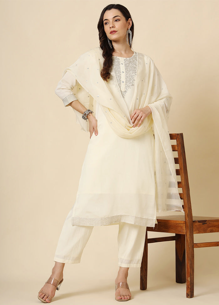 3 Pc Cream Readymade Silk Suit Set