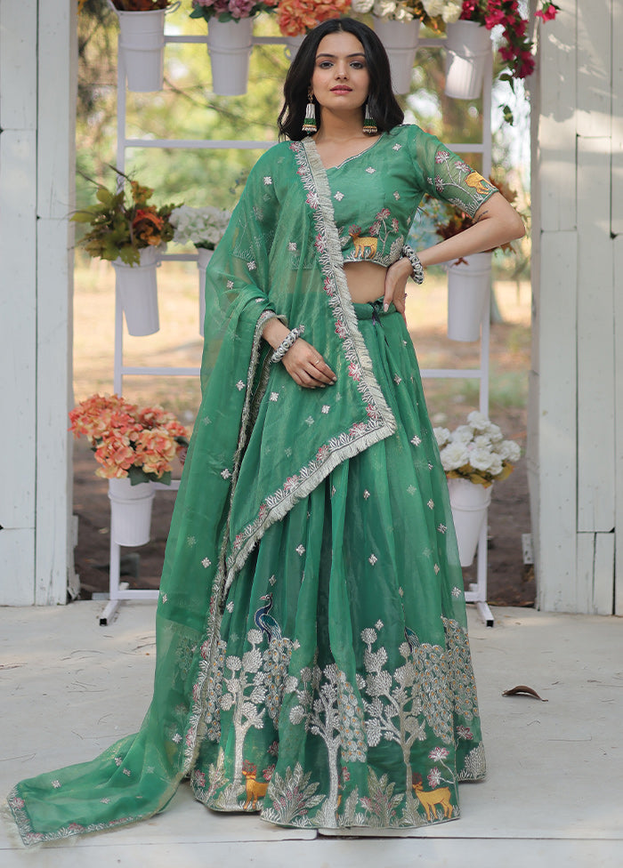 3 Pc Green Silk Readymade Lehenga Set