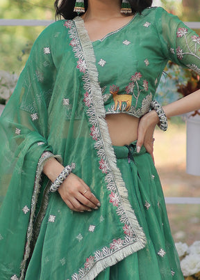 3 Pc Green Silk Readymade Lehenga Set