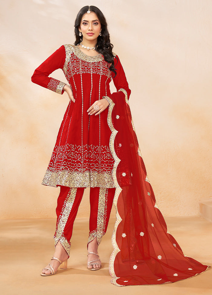 3 Pc Red Silk Suit Set