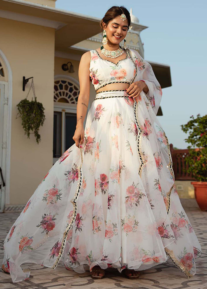 3 Pc White Net Semi Stitched Lehenga Set