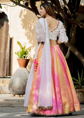 3 Pc Pink Silk Semi Stitched Lehenga Set