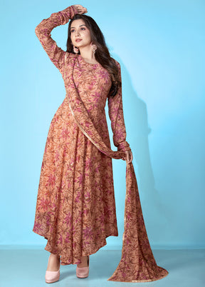 2 Pc Brown Readymade Georgette Kurti Set