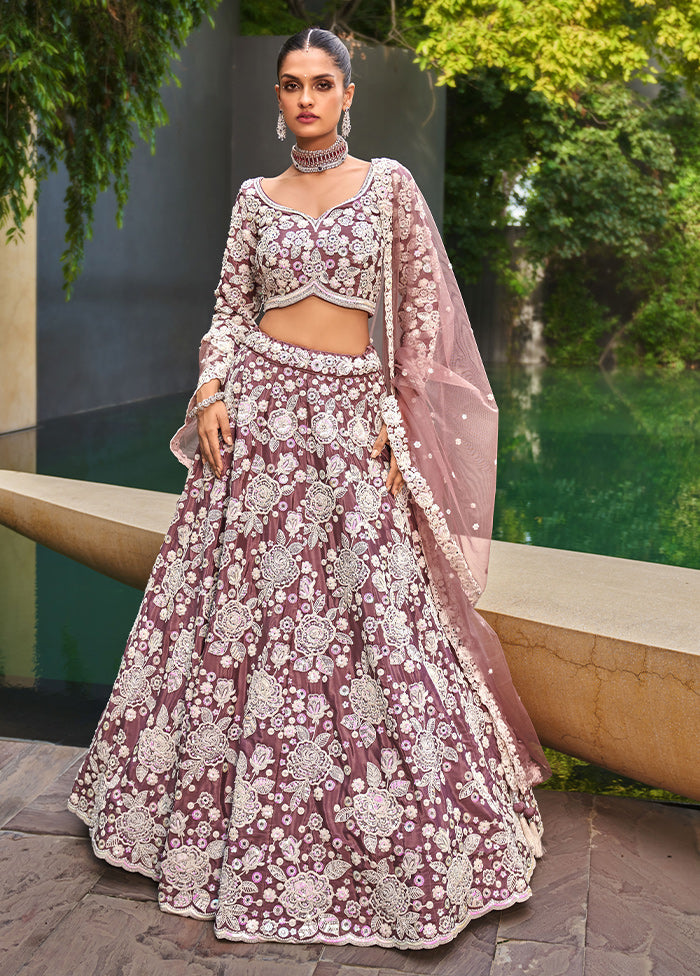 3 Pc Lavender Blended Silk Semi Stitched Lehenga Set