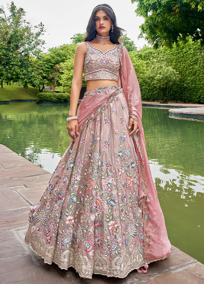 3 Pc Rose Gold Organza Semi Stitched Lehenga Set