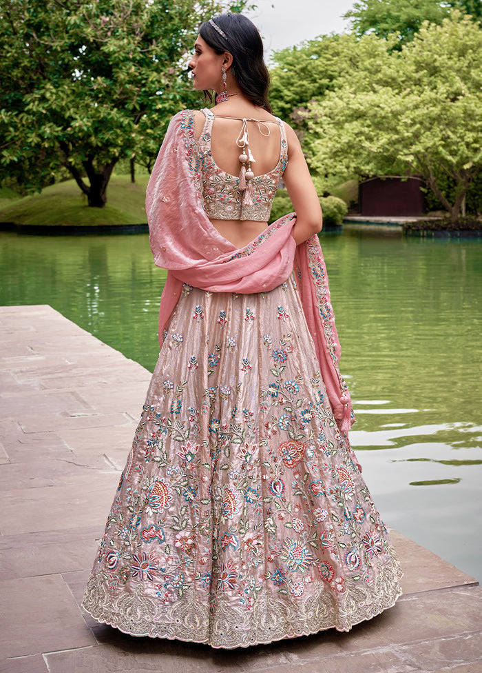 3 Pc Rose Gold Organza Semi Stitched Lehenga Set