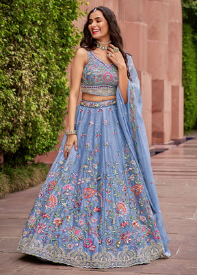 3 Pc Turquoise Blue Organza Semi Stitched Lehenga Set