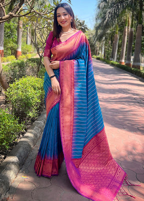 Blue Dupion Silk Saree With Blouse Piece