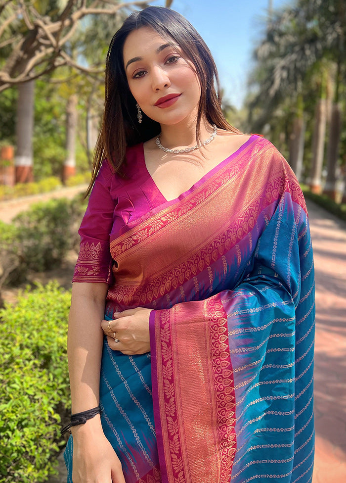 Blue Dupion Silk Saree With Blouse Piece