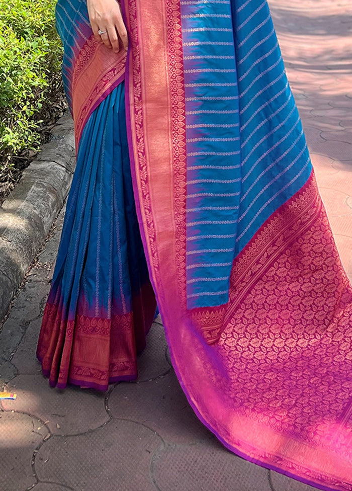 Blue Dupion Silk Saree With Blouse Piece