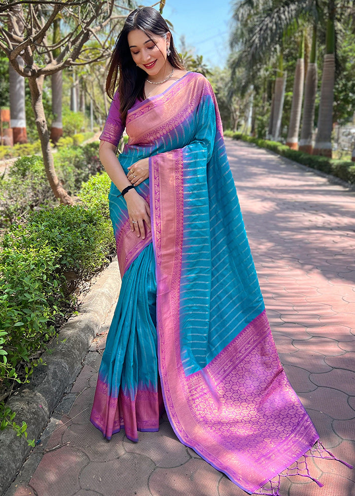 Sky Blue Dupion Silk Saree With Blouse Piece