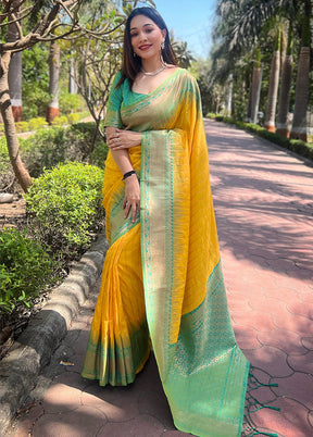 Yellow Dupion Silk Saree With Blouse Piece