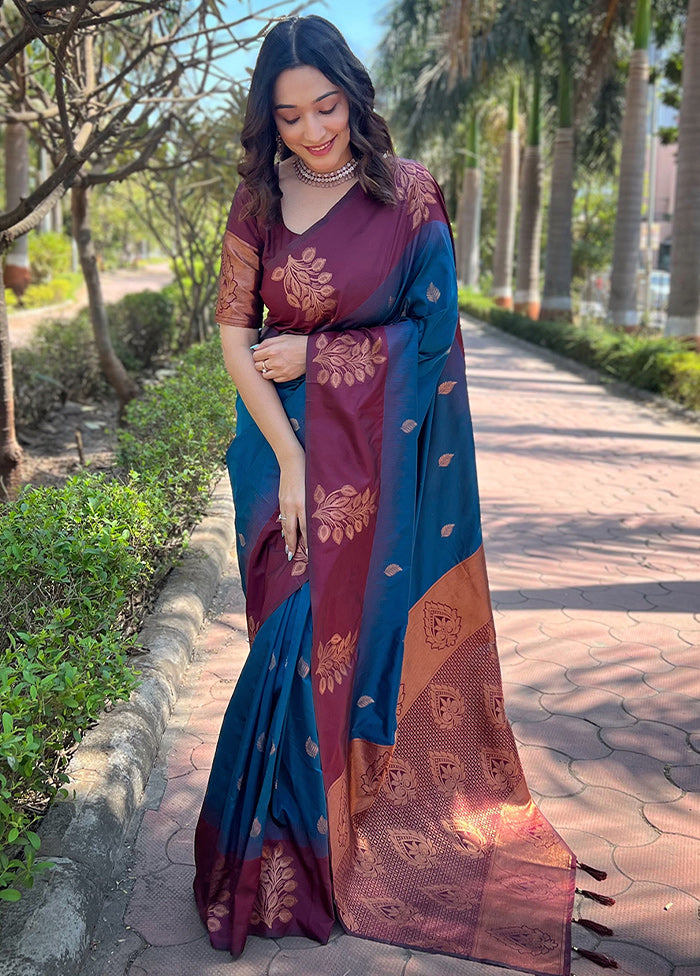 Blue Dupion Silk Saree With Blouse Piece