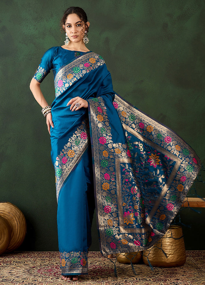 Blue Dupion Silk Saree With Blouse Piece