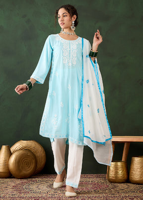 3 Pc Sky Blue Readymade Rayon Suit Set