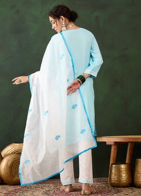 3 Pc Sky Blue Readymade Rayon Suit Set