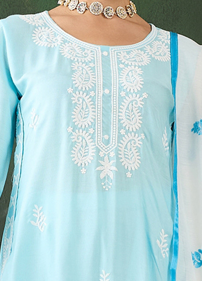 3 Pc Sky Blue Readymade Rayon Suit Set