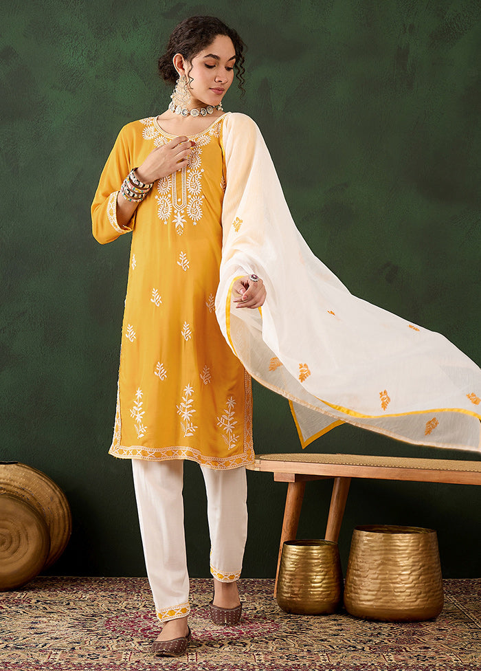 3 Pc Yellow Readymade Rayon Suit Set