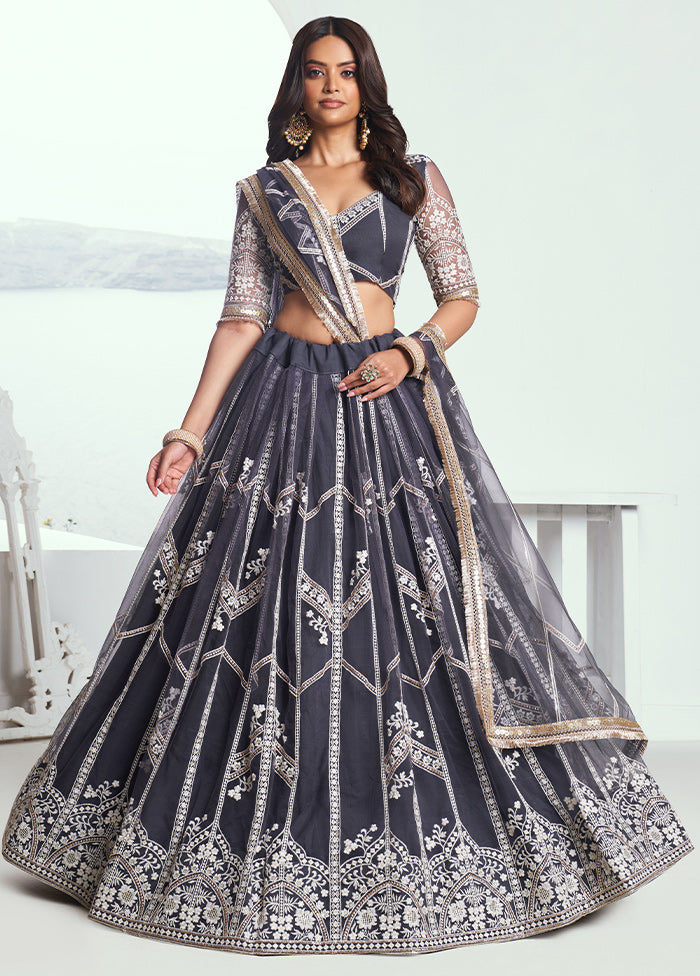 3 Pc Dark Grey Net Semi Stitched Lehenga Set