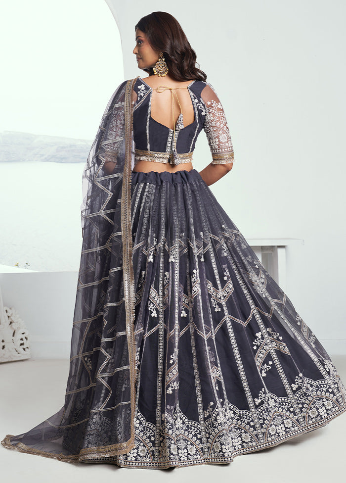 3 Pc Dark Grey Net Semi Stitched Lehenga Set