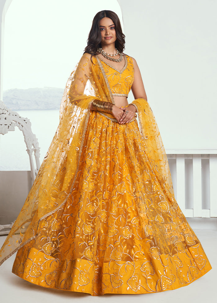 3 Pc Yellow Net Semi Stitched Lehenga Set