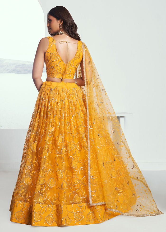 3 Pc Yellow Net Semi Stitched Lehenga Set